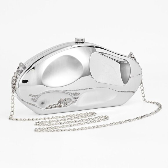 Silver acrylic clutch purse with sculptural design, magnetic closure, gold chain - Picture 6 of 6